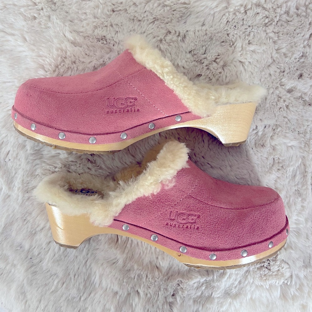 UGG Pink and Cream Shearling Clogs